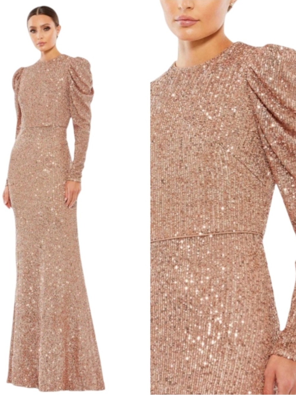 Mac Duggal Ieena Rose Gold Sequin High Neck Puff-Sleeve Maxi Dress